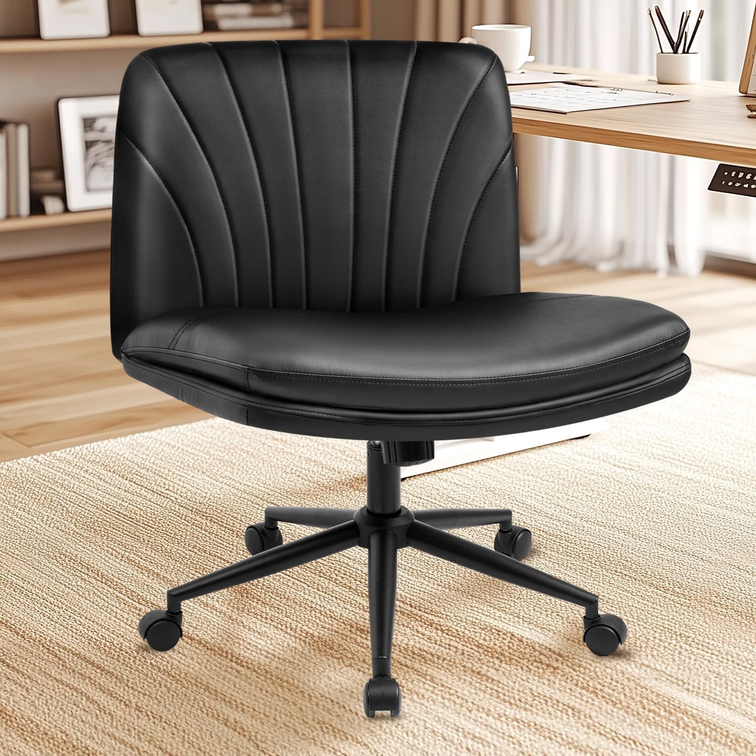 NEO CHAIR Criss Cross Chair with Wheels Armless Cross Legged Office Desk Wide Comfy Vanity Makeup Chair Adjustable Swivel Rolling Computer for Home Office PU Leather (Black)
