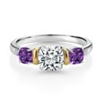 thumbnail image 2 of Gem Stone King 1.60 Cttw 925 Silver & 10K Yellow Gold IGI Certified Lab Grown Diamond and Amethyst 3 Stone Ring for Women | 1 Ct Center Cushion Cut Diamond | E-F Color VS1-VS2 Clarity (Size 9), 2 of 4
