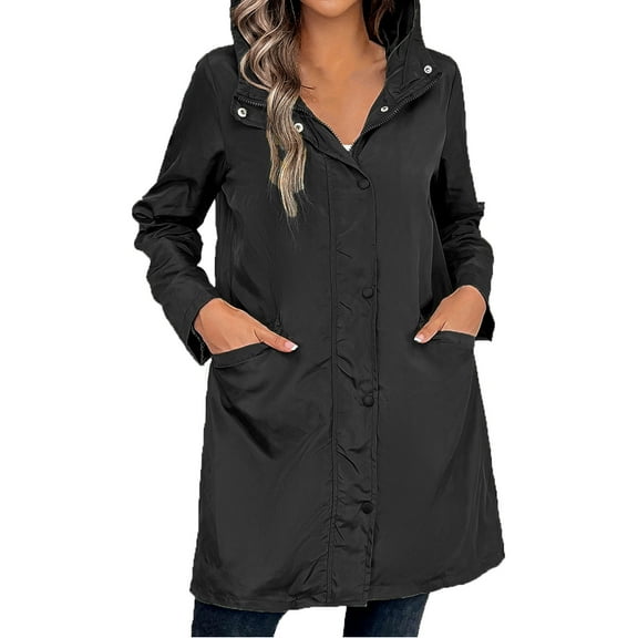 Women's Hooded Lightweight Jacket Windbreaker Snap Zippered Hoodie Outdoors Solid Casual Pockets Fall Coat Outwear (X-Large, Black)