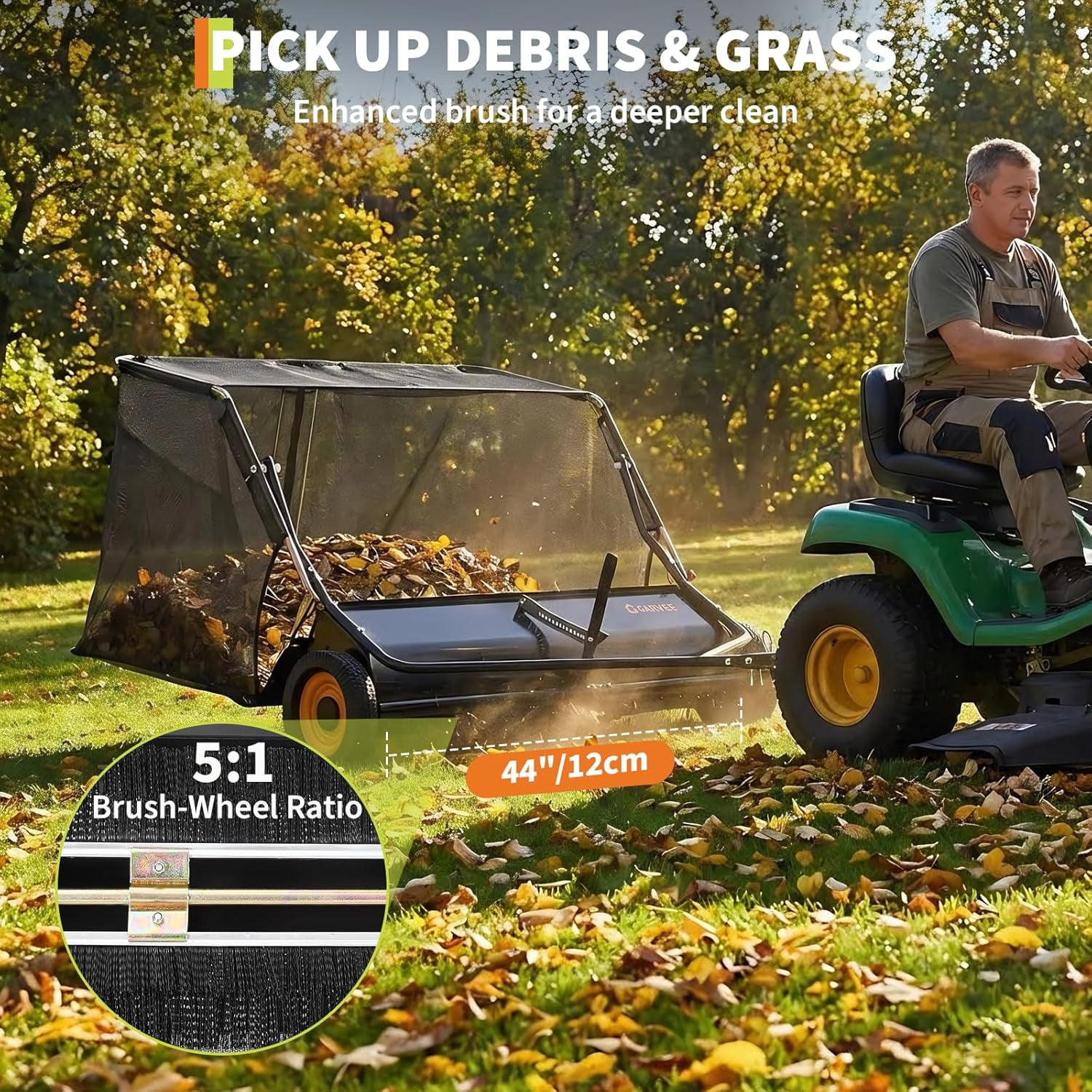 Garvee Tow Behind Lawn Sweeper, 44 Inch Pull Behind Lawn Sweeper, 26 cu. ft Large Hopper Leaf Collector, Heavy Duty Yard Sweeper with Adjustable Brush Height Lever for Yard and Grass Cleanup Tool