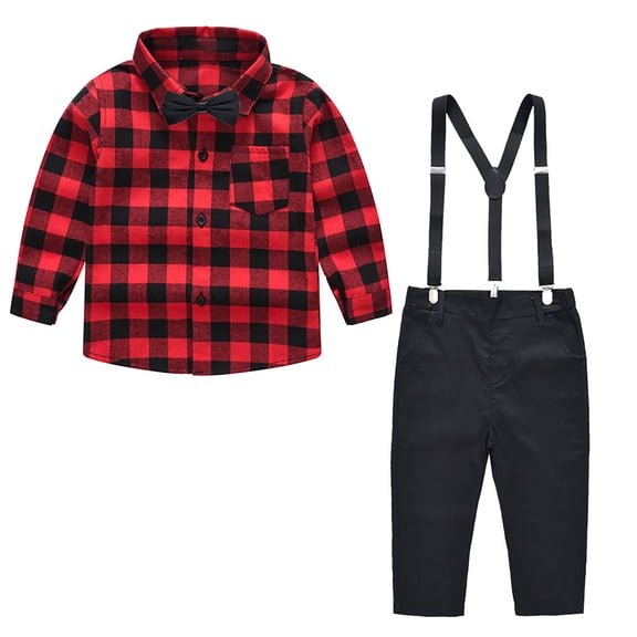 ZCFZJW Casual Suit for Toddler Kids Baby Boy 2Pcs Long Sleeve Gentleman British Style Plaid Button Down Flannel Shirt and Suspender Overalls Outfits Set(Red#02,4-5Years)