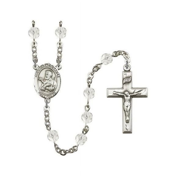 St. Francis Xavier Silver-Plated Rosary 6mm April Crystal Fire Polished Beads Crucifix Size 1 3/8 x 3/4 medal charm