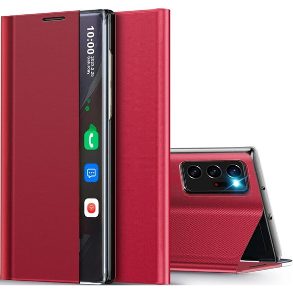 for Samsung Galaxy Note 20 Ultra 5G Case View Clear Smart Window Leather for Samsung Note 20 Ultra Case Slim Mirror Hard PC Kickstand Luxury Flip Shockproof Galaxy Note 20 Ultra Cover (Red)