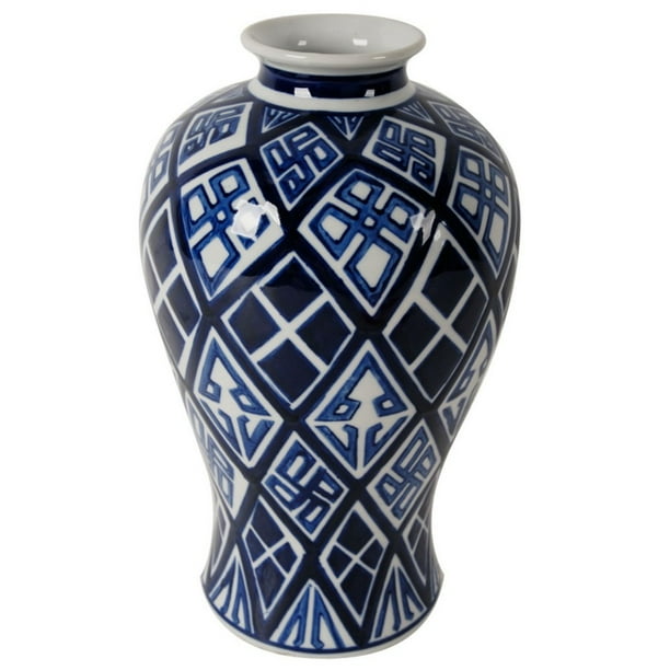 Geometric Patterned Ceramic Vase, Blue and White