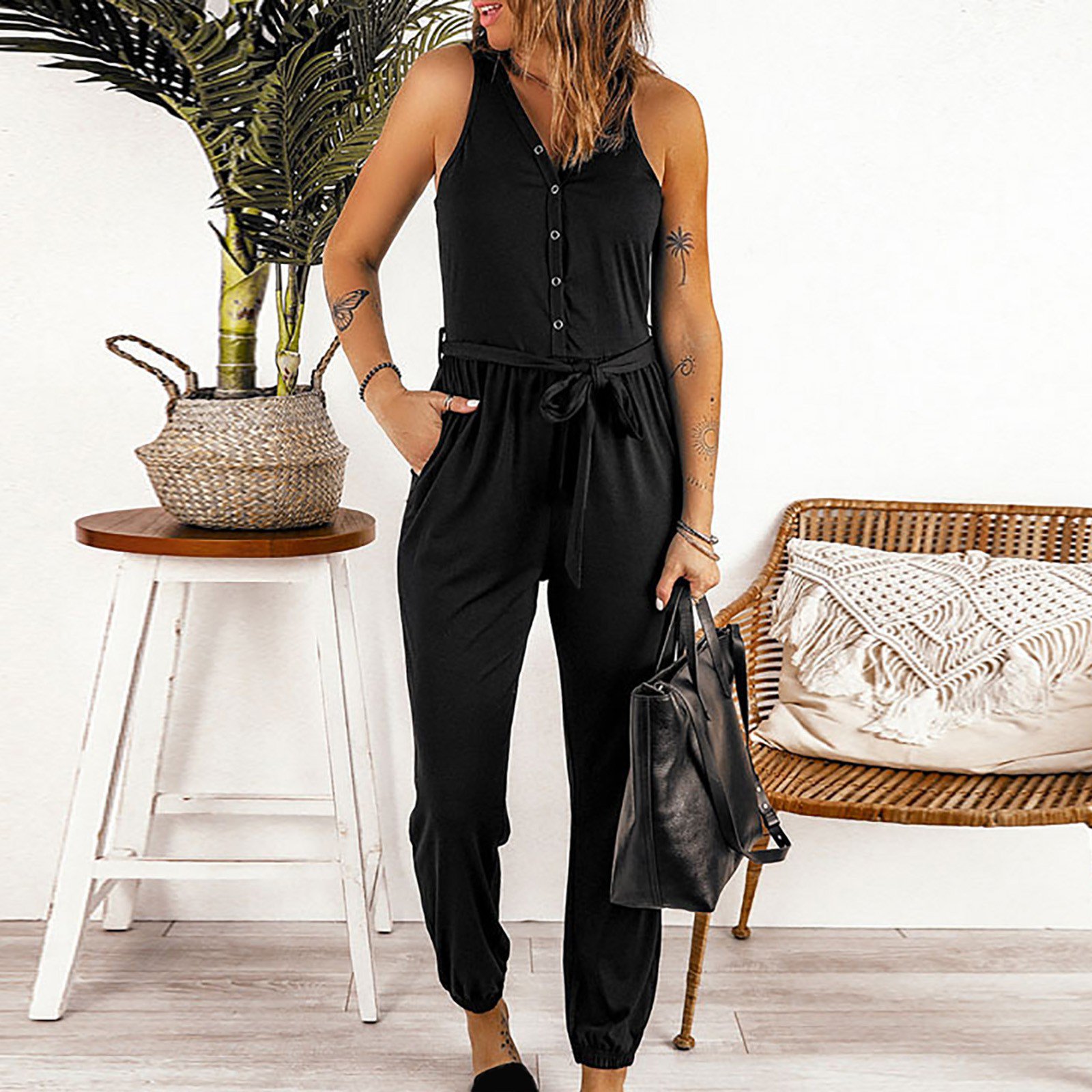 Combinaison D'été Fille Sans Manches à Bretelles Spaghetti - Pantalon Long Avec Poches - Polyester élasthanne - Couleur Unie