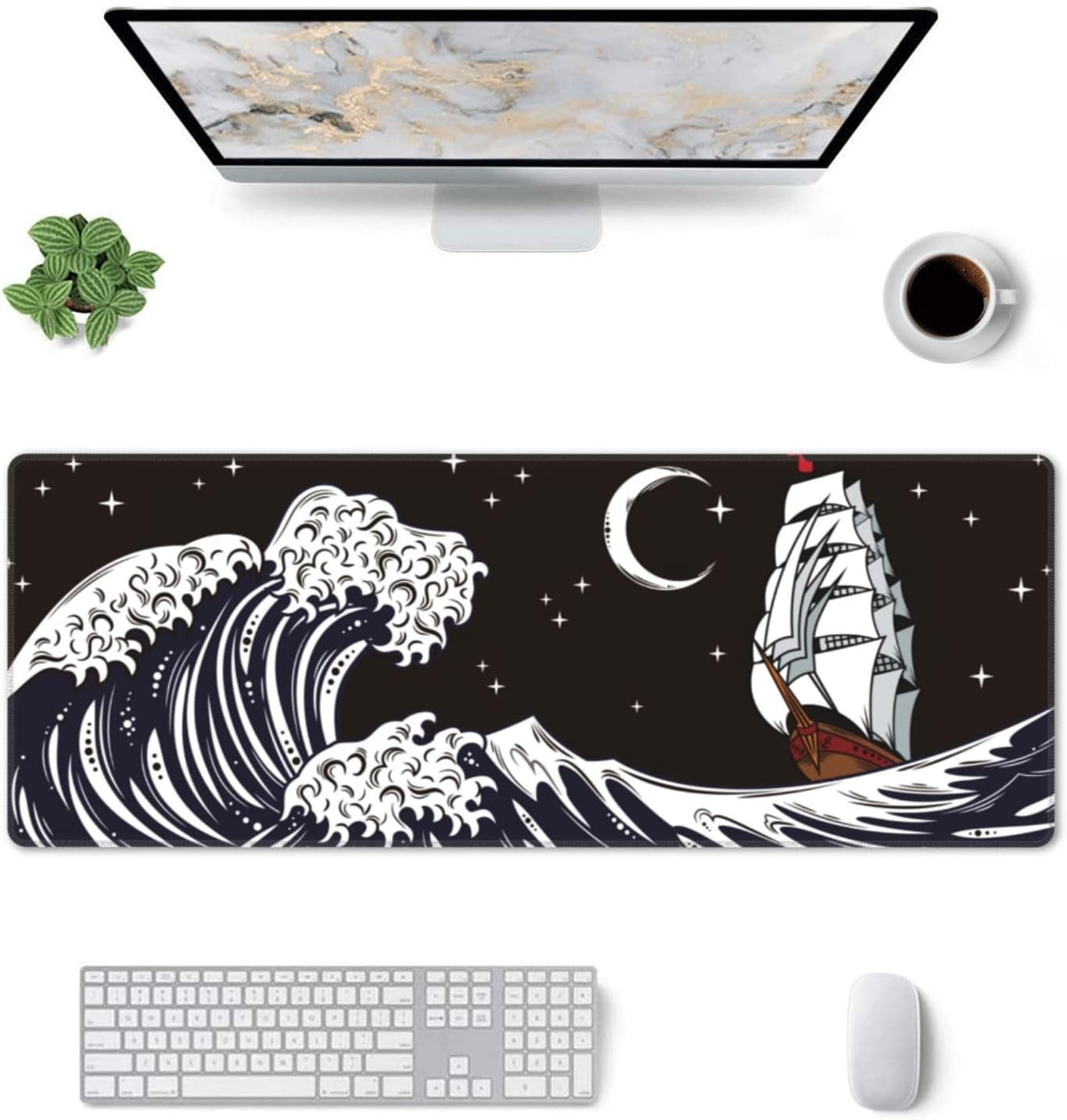 Japanese Wave Mouse Pad, Waterproof Extended Large Gaming Mousepad Desktop, Big Long Non-Slip Mouse Mat for Laptop, Keyboard, Computer for Decor Office, 31.5 * 11.8 in