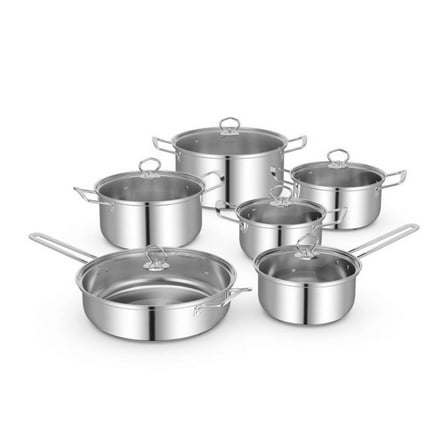 Stainless Steel Pots and Pans Set - 12 Piece Cookware with Glass Lids