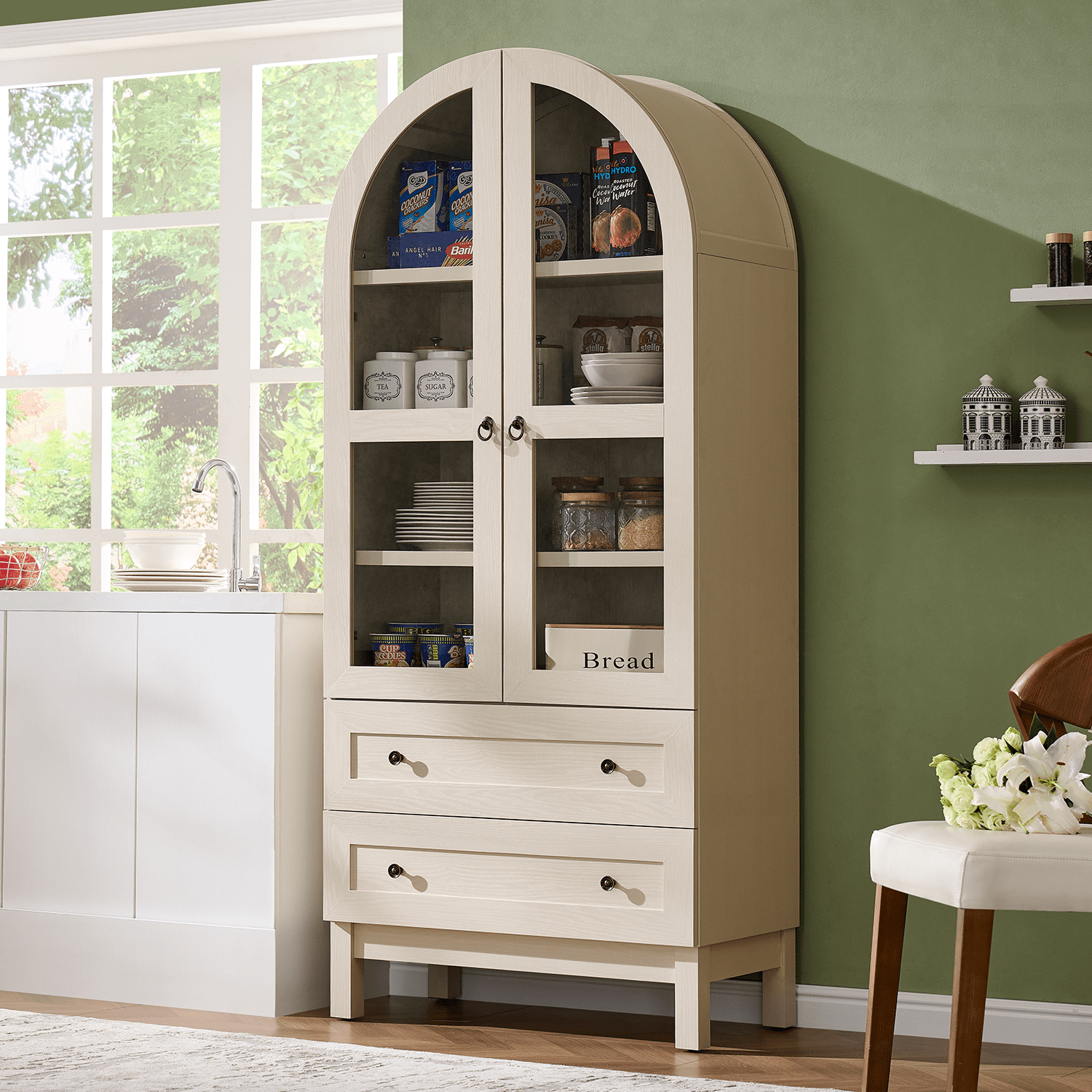 SinCiDo Arched Kitchen Pantry Storage Cabinet, 71" Tall Wood Pantry Shelves with 2 Doors & 2 Large Drawers for Dining Room Living Room