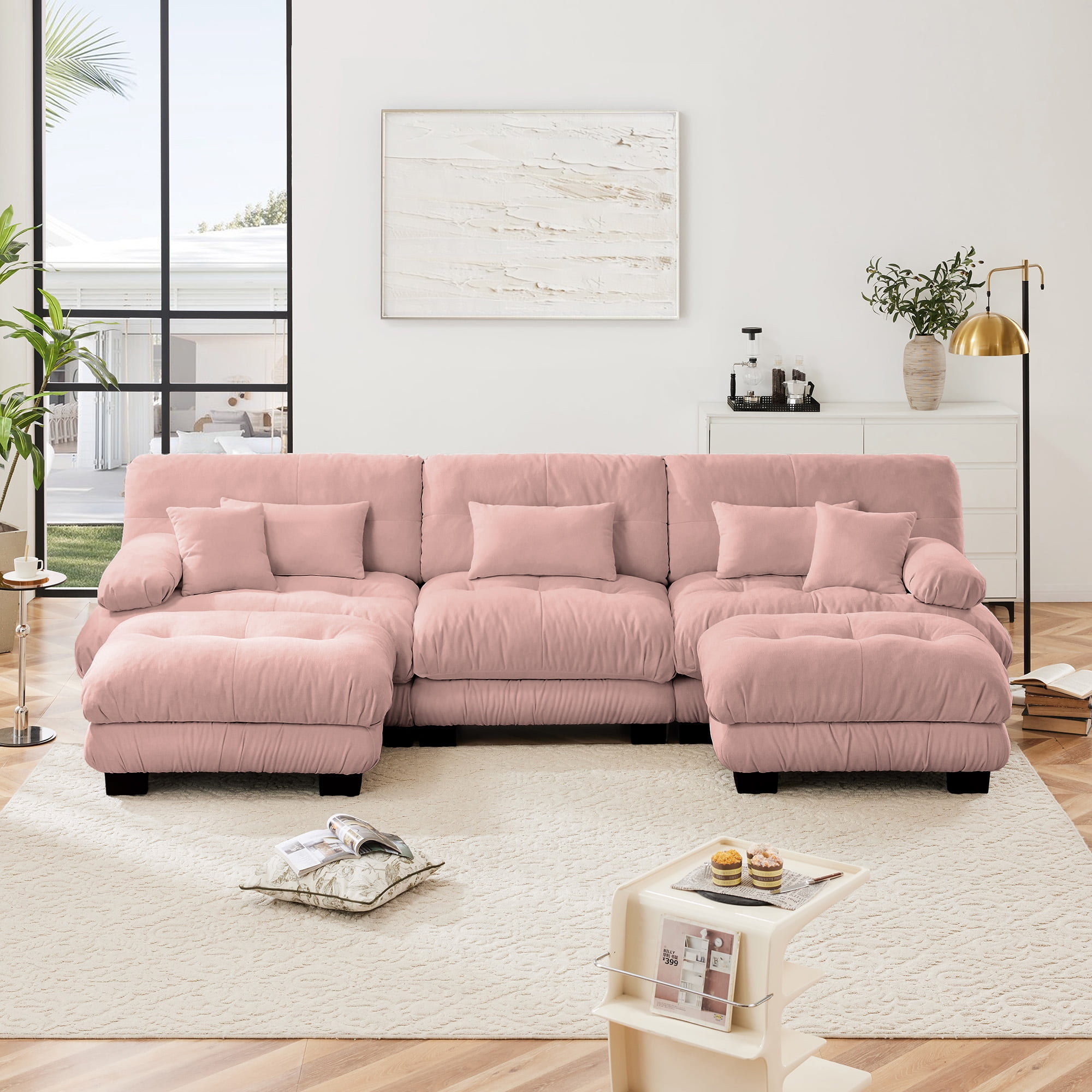 MAYEERTY 133.8in Chenille Sectional Sofa Couch, Oversized Modular U Shaped Cloud Couch with 2 Ottomans for Living Room, Pink