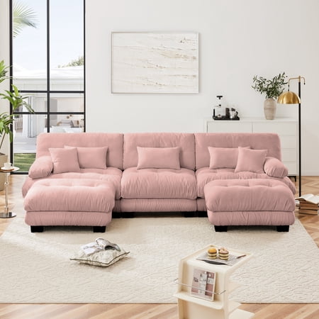 Oversized U-Shaped Sectional Sofa Chenille Modular 3-Seater Cloud Couch with 2 Ottomans and Pillows, Upholstered Pillow Top Arms Living Room Couch