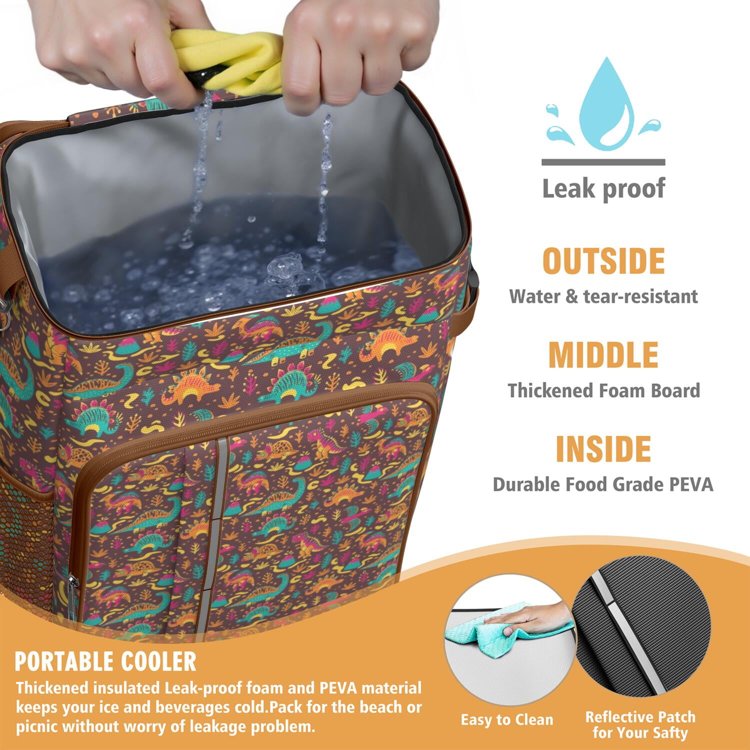 Travel Cooler Bag - Colorful Dinosaurs Abstract Shapes Pattern Camping Beer Cooler Backpack with Bottle Opener- Waterproof Insulated Picnic Backpacks - Cooler Bag for Beach
