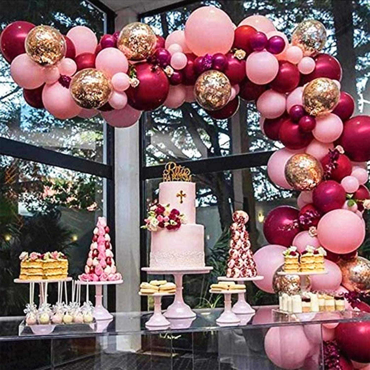Pink Burgundy Whaline Balloon Arch & Garland Kit Gold Confetti and Rose Metal Latex Balloons Set with 16ft Balloon Strip Tape 1pcs Tying Tool and 100 Dot Glue for Wedding Birthday Party Decor
