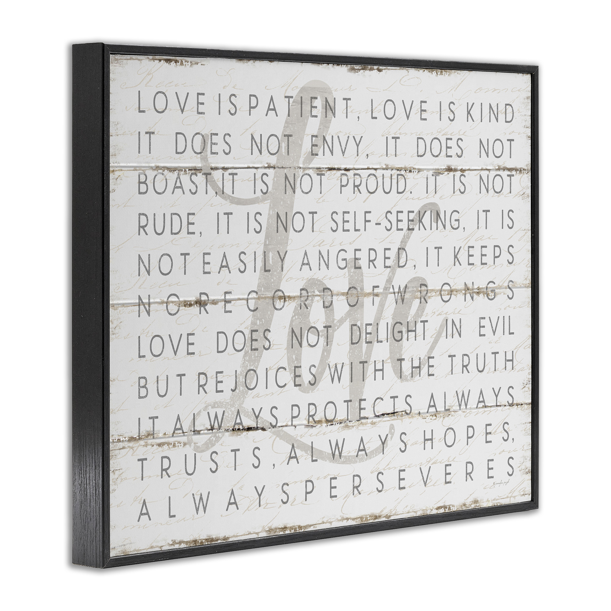 Stupell IndustriesLove Is Patient Grey on White Planked LookFramed Wall Art by Jennifer Pugh