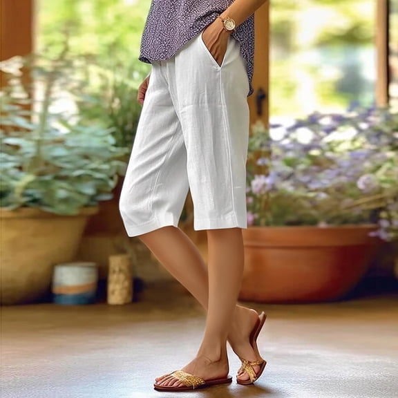 Women's Casual Pants Womens Casual Loose Elastic Waist Cotton Trouser Cropped Wide Leg Pants,White Women's Casual Pants XXL