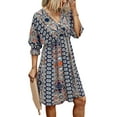 thumbnail image 1 of hirigin Women's Casual Dress, V-Neck Half Sleeve Boho Style Printed Elastic Waist Big Hem Dresses, 1 of 5