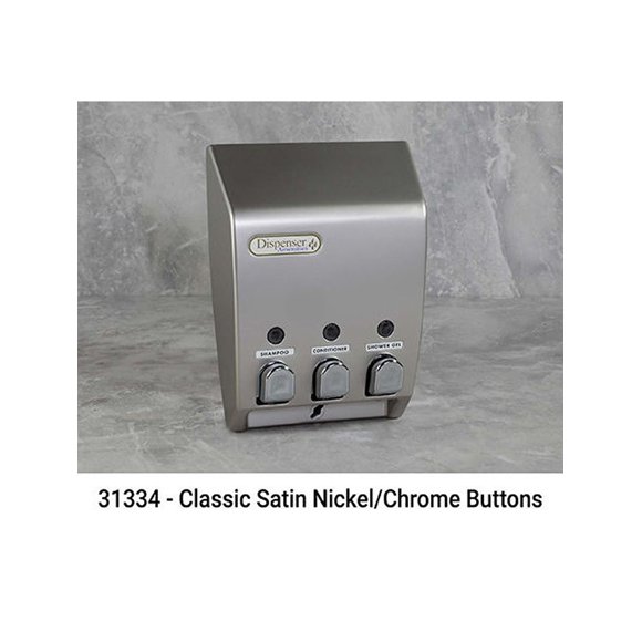CLASSIC Distributeur de Produits de Bain Liquides 3 Chambres Couleur Satin Argent avec Bouton Chromé 1/paquet