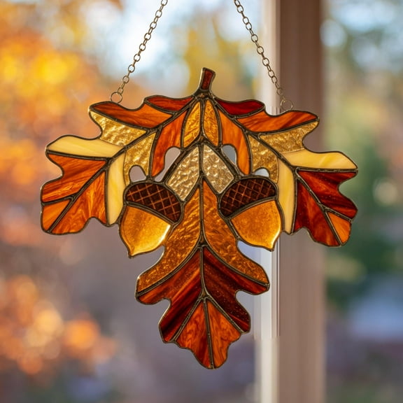 Acrylic Acorn & Oak Leaf Suncatcher ? Autumn Fall Window D‚cor, Thanksgiving Home Accent, Rustic Forest Gift