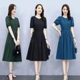 thumbnail image 2 of Femmes Manches Courtes Robe Élégante Col Rond Pull-Up une-Ligne Jupe Décontractée Couleur Unie Robe en Vrac, 2 of 8