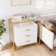 thumbnail image 4 of 3 Drawer Dresser with Tempered Glass Top Shelves Wooden Chest Dresser with Steel Frame,White, 4 of 5