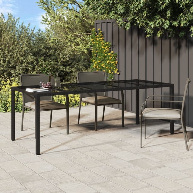 vidaXL Garden Table Black 250x100x75 cm Tempered Glass and Poly Rattan