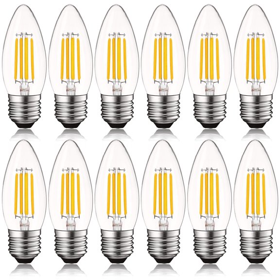 Luxrite Edison Candelabra LED Bulb Clear Glass, 5W=60W, 550 Lumens, 2700K Warm White, E26, Dimmable, UL Listed 12-Pack