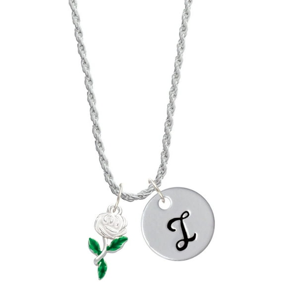 Delight Jewelry White Flower Silvertone Script Initial Disc - I - Charm Necklace, 20"+3"