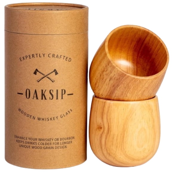 Oaksip Wooden Whiskey Glass, Drinking Glass for Bourbon Whiskey, Real Oak Cup (2 Pack)