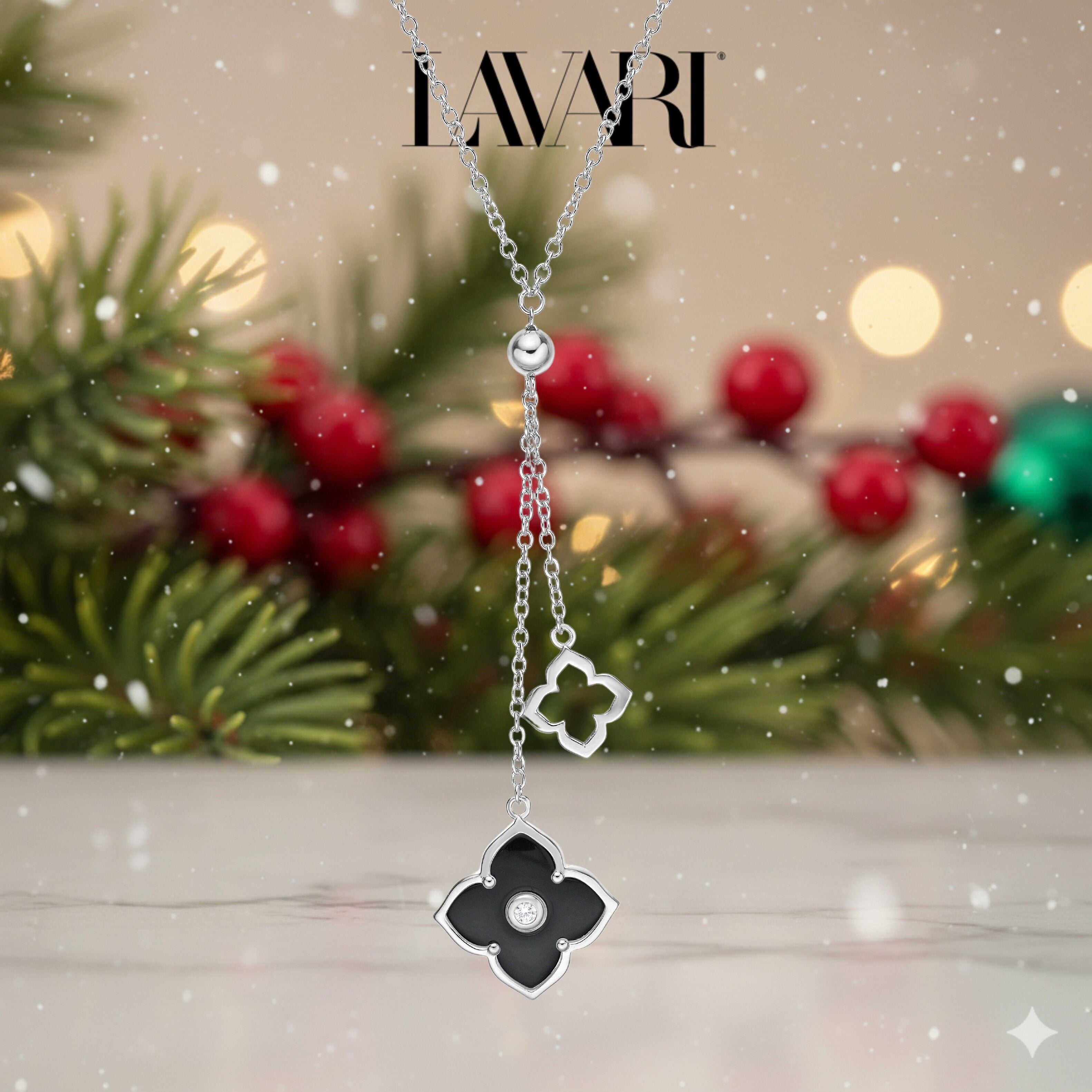 Lavari Jewelers Flora Women's Black Onyx Double Flower Pendant Necklace in 925 Sterling Silver with Cubic Zirconia - 16- 18 Inch Adjustable Cable Chain