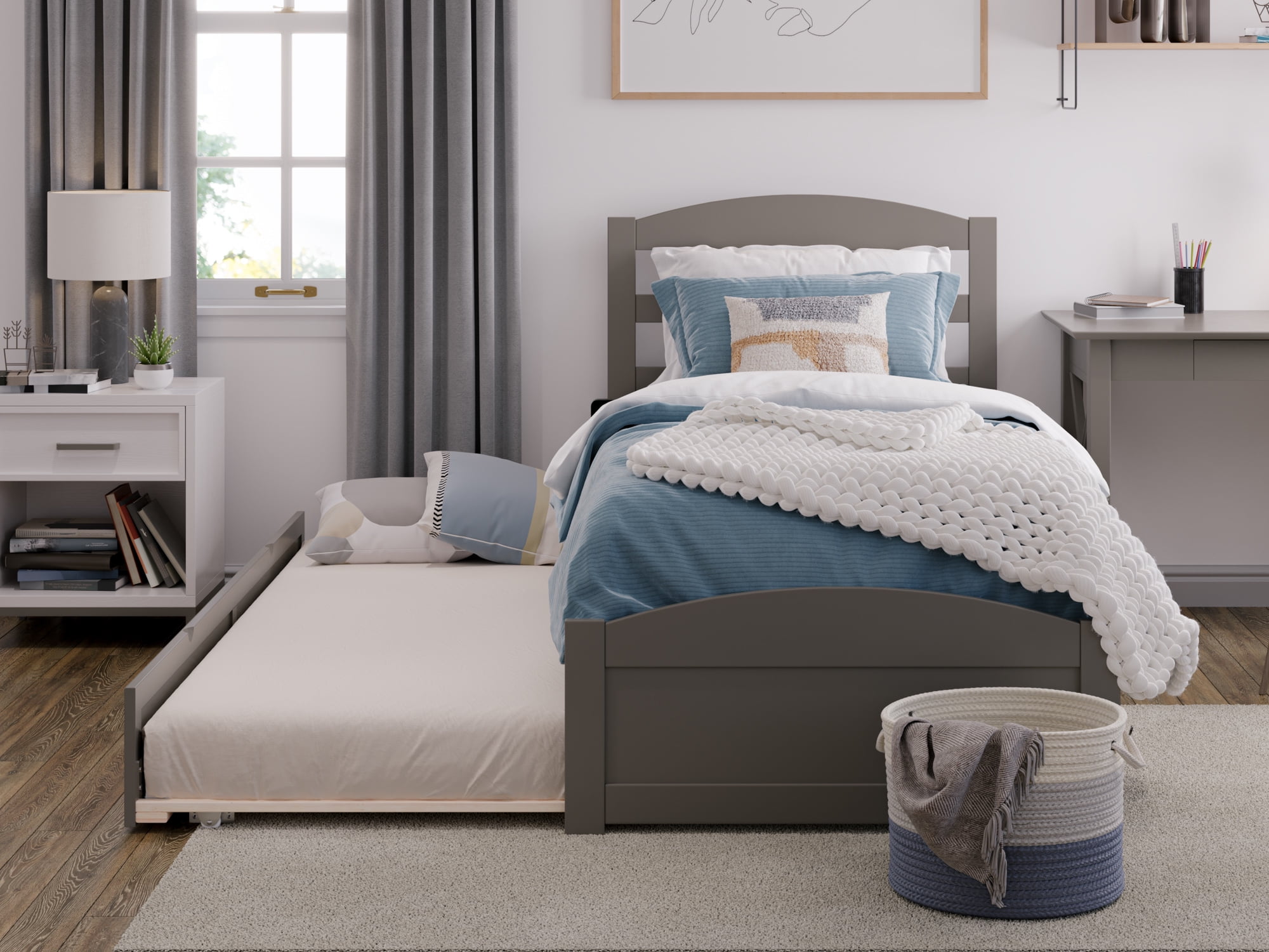 AFI Warren Twin Wood Platform Bed with Headboard Footboard & Twin Trundle, Grey