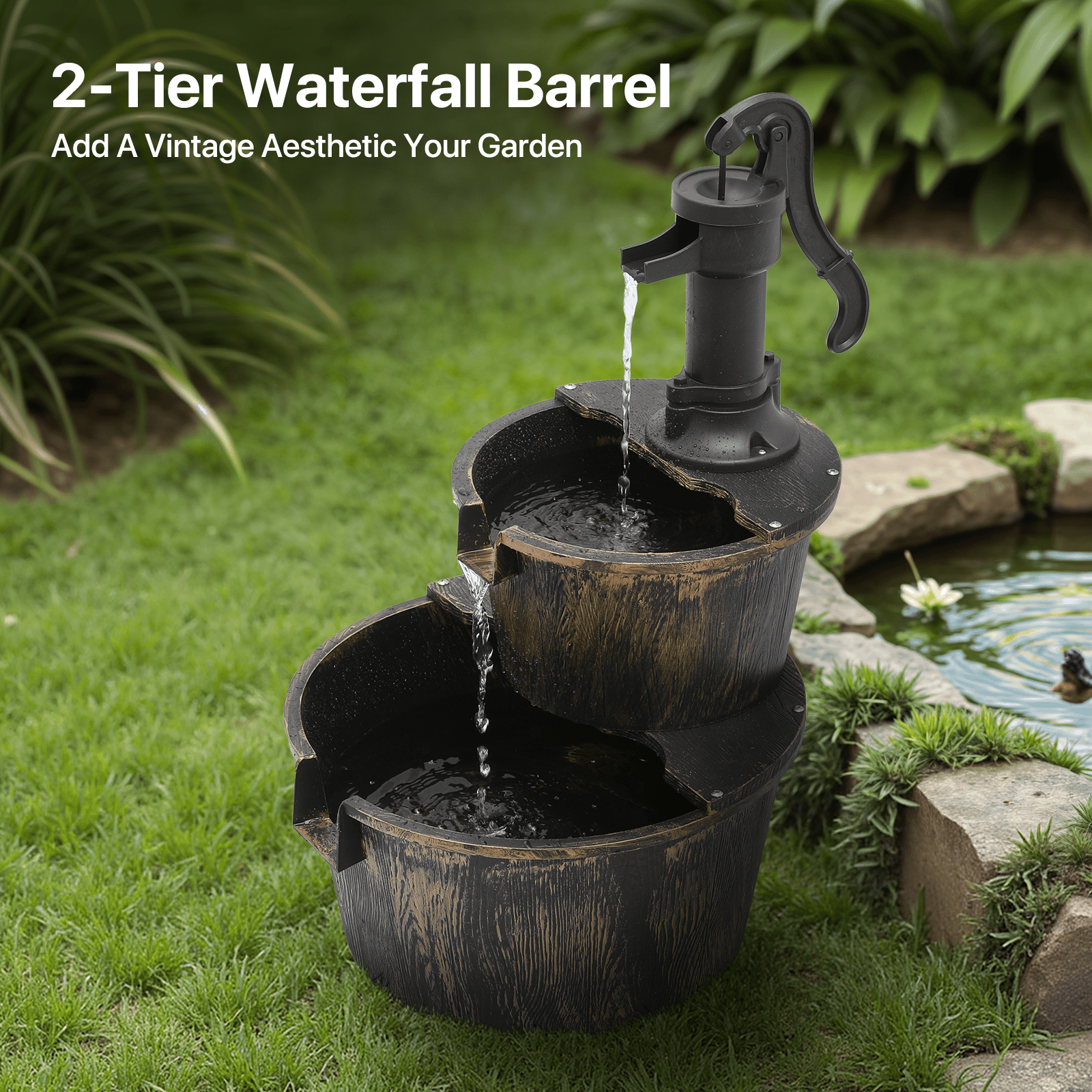 OSM Outdoor Water Fountain, 27" Tall 2-Tier Barrel Design with Waterfall and Electric Pump, Freestanding Water Feature for Garden, Patio, Backyard, Porch, 11 L Capacity, Bronze