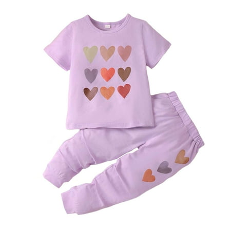 

5T Toddler Baby Girls Clothes Baby Girls Outfits 5T Girls Short Sleeve Heart Print Top Pants 2PCS Set Purple