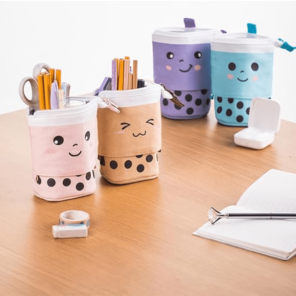 Cute Pen Pencil Telescopic Holder Pop Up Stationery Case, Stand-up Transformer Bag with Smile Face Dot Organizer, Great for Cosmetics Pouch Makeup Bag