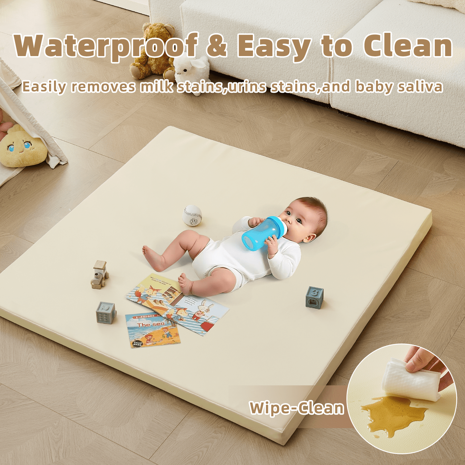 Teler Leather Baby Play Mat, 1.3" Thick Leather Crawling Mat, Cushioned & Waterproof Soft Playmat for Toddlers, Infants, 47" x 47", Beige
