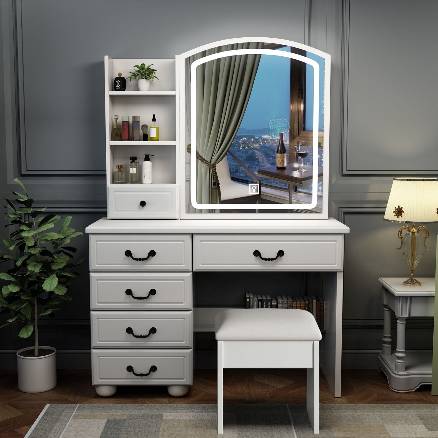 Asteroutdoor Vanity Desk with Mirror and Lights, 6 Drawers, White
