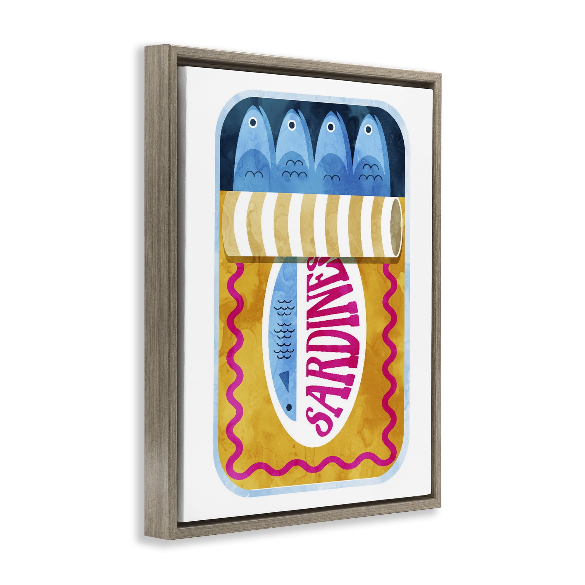 Yellow and Pink Sardine Tin Brown Framed Floater Canvas Wall Art, design by Daphne Polselli
