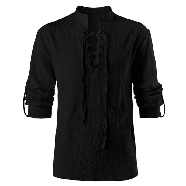 Blusa y camisa de manga larga con cuello alto para hombre, informal, lisa, de poliéster, con cuello alto y manga larga