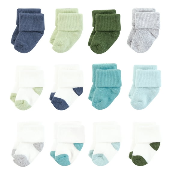 Hudson Baby Infant Boy Cotton Rich Newborn and Terry Socks, Blue Green Heel Toe, 0-6 Months