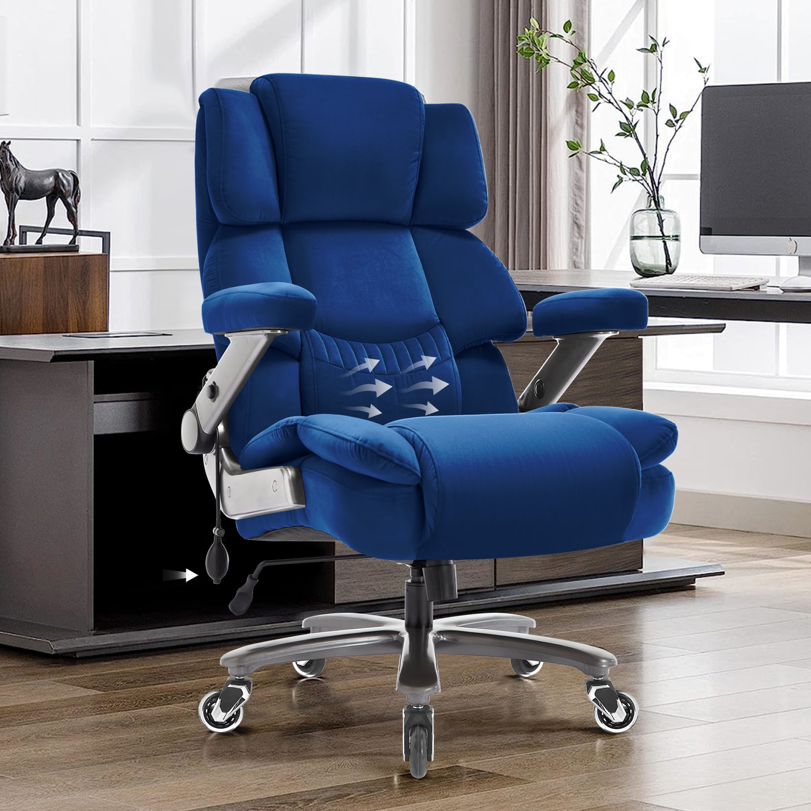 Big and Tall 700lbs Office Chair, Fabric Heavy Duty Executive Chair with 3D Flip up Armrests Adjustable Lumbar Support Large Rubber Wheels, Extra Wide High Back Computer Desk Chair, Blue