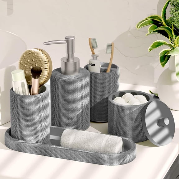 5-Piece Gray Bathroom Accessory Set - Soap Dispenser, Toothbrush Holder, Tumbler & Vanity Tray