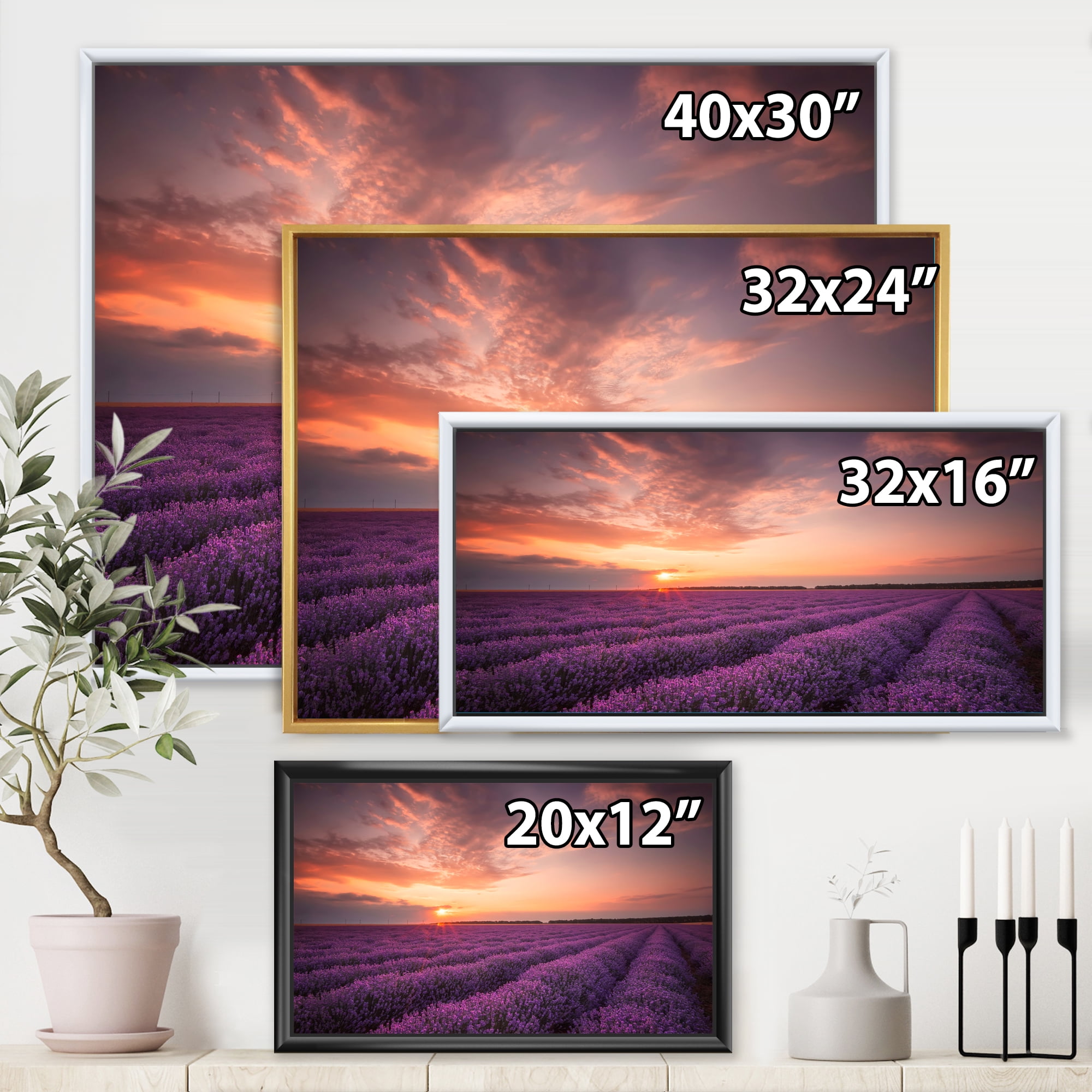 Designart 'Dramatic Clouds and Sunrise Over Lavender Field XII' Farmhouse Framed Canvas Wall Art Print