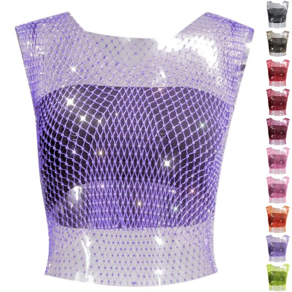Bmisegm Womens Tank Tops Sleeveless Round Neck Rhinestone Decorative Design Regular Fit Vest Summer Tops for Women Purple XS