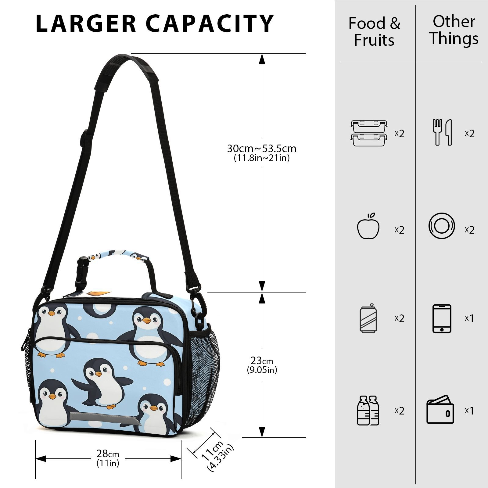Penguins in Blue Lunch Bag Cooler Bag Cooling Tote Portable Shoulder Strap Interior Pockets for Picnic Travel