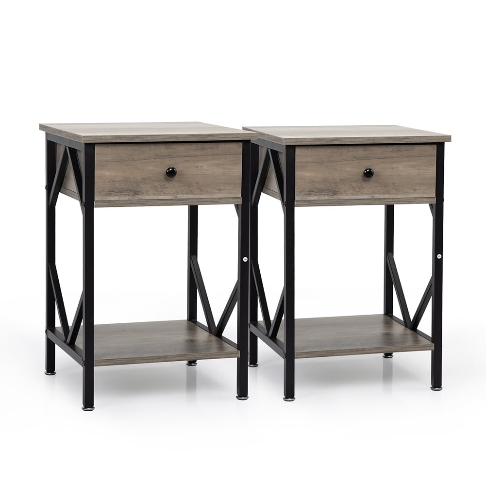 Kadyn Set of 2 Nightstand Industrial End Table with Drawer, Storage Shelf and Metal Frame for Living Room, Bedroom, Washed Gray Kadyn Set of 2 Nightstand Industrial End Table with Drawer, Storage Shelf and Metal Frame for Living Room, Bedroom, Washed Gray