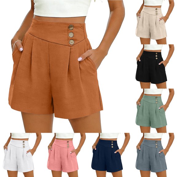 Bloomae Casual Shorts for Women Dressy Wide Leg Short Pants Summer Button Elastic High Waist Pleated Shorts Loose Lounge Work Business Bottoms with Pockets