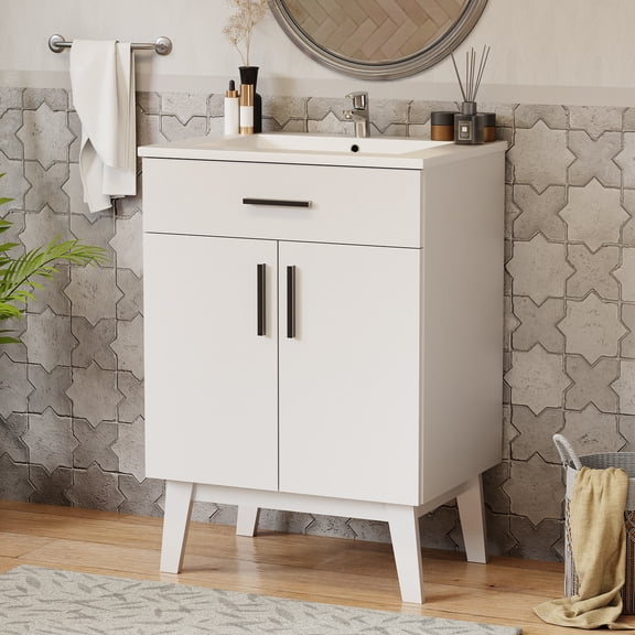 24" Bathroom Vanity with Sink, Vanity Combo with Two Soft Close Cabinet Doors, Modern Single Bathroom Cabinet Set with Metal Handles (White with Sink, 24)