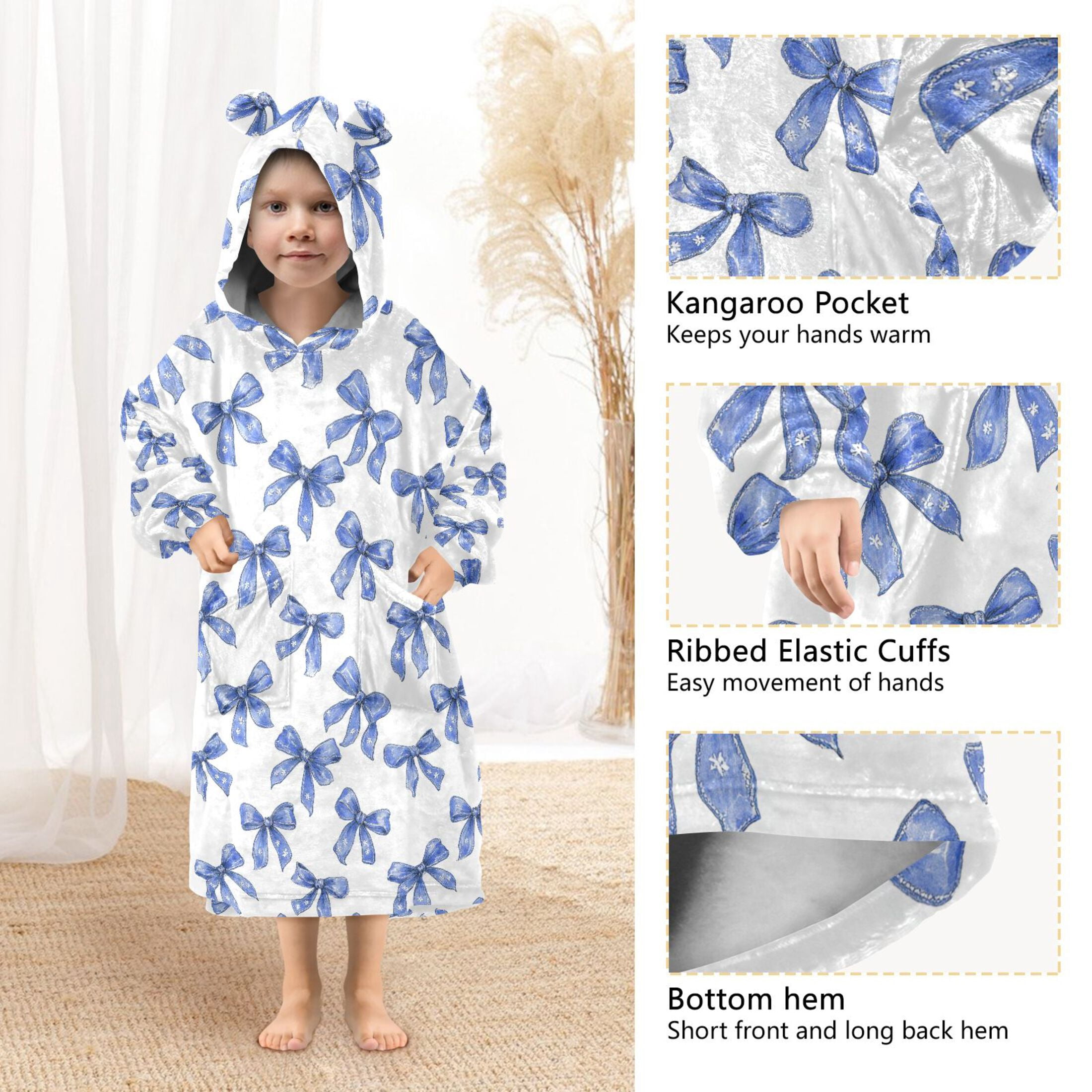 Wearable Blanket Hoodie for Kids Blue Bow Art Flannel Hooded Blanket with Pockets and Sleeves Suitable for Boys and Girls