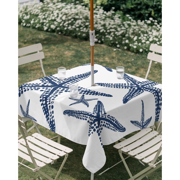 Outdoor Tablecloth with Umbrella Hole, Coastal Navy Blue Ocean Starfish Zippered Table Cloth for Rectangle Tables, Summer Watercolor Marine Life Waterproof Tablecloths for Picnic Patio Garden