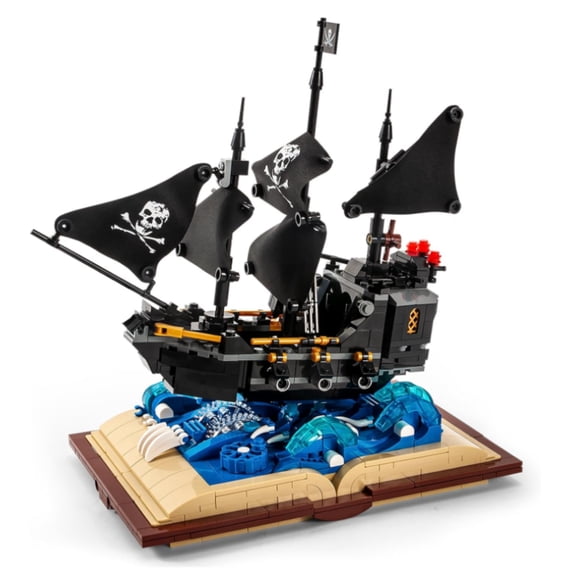 Pirate Ship on Book Base Building Blocks, Black Pearl Ship Model Building Kit, Decorative Home Office Table Centerpiece Decor