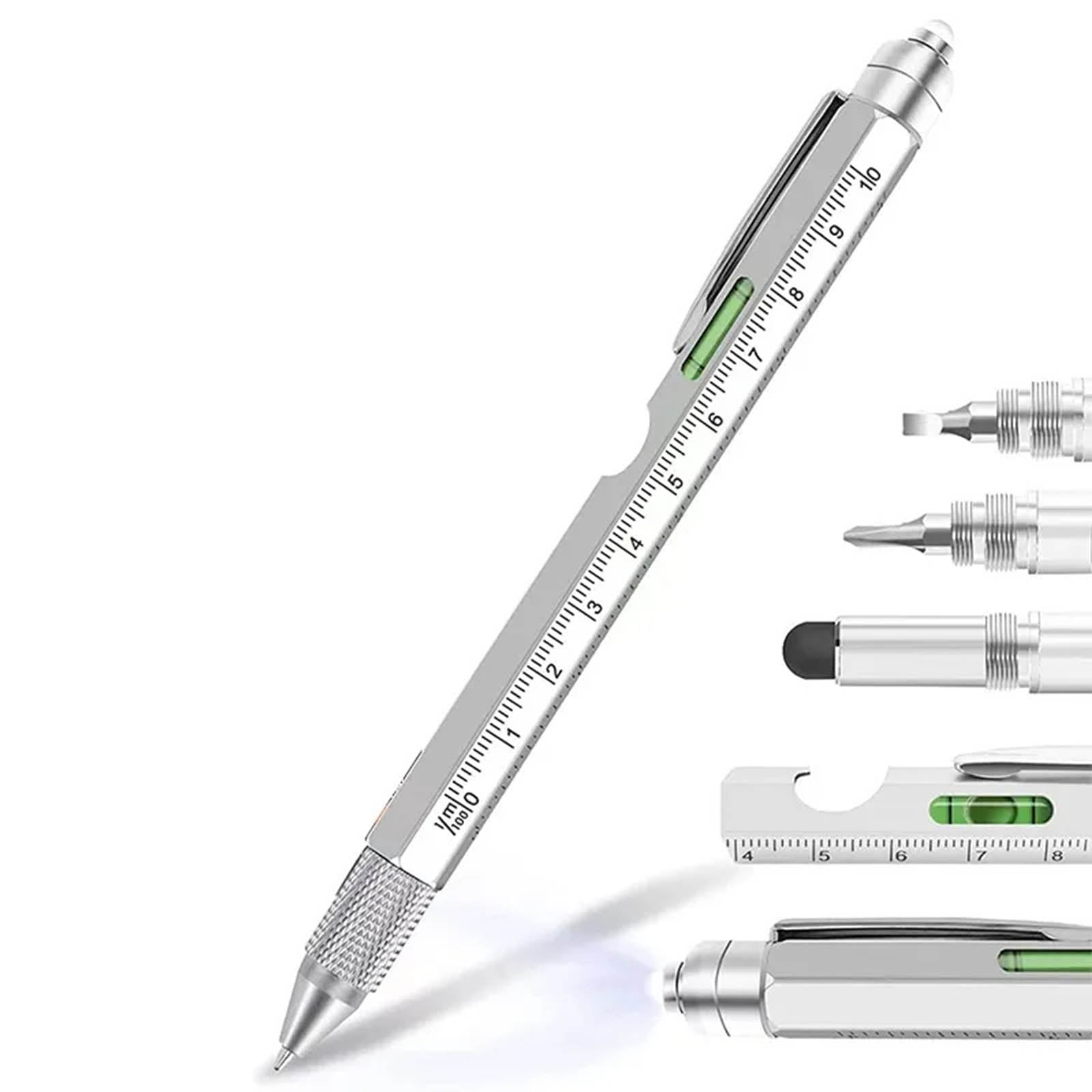 Coollooc One Pen Nine Functions -Christmas Gifts for Men, 9 in 1 Multitool Pen with LED Light, Cool Gadgets, Stocking Stuffers Gifts for Men, White Elephant Gifts for Adults(Silvery)