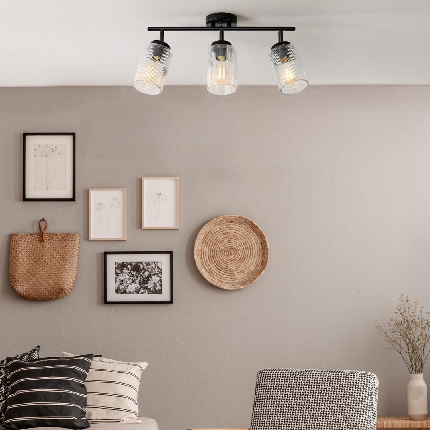 3-Light Matte Black Track Lighting with Ribbed Glass Shades and Pivoting Track Heads